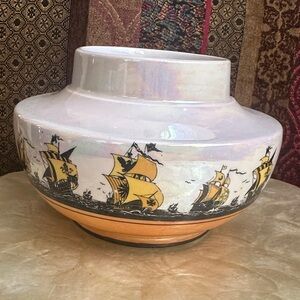 J Kent Fenton Opalescent Nautical Ceramic Vase/ bowl with Yellow Ship Design